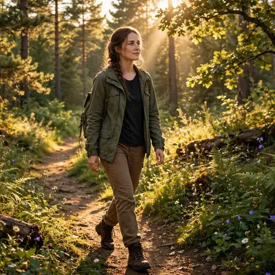 Create a cinematic AI video: a cinematic slow-motion scene of a young person walking through a forest path, camera moving smoothly, warm light, expres