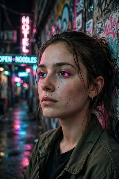 Portrait of a young woman leaning against a graffitied wall in a neon-lit alley, pink and cyan signs reflecting in her eyes, detailed skin with