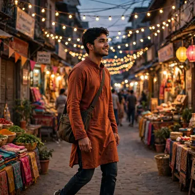 Create a cinematic AI video: a cinematic slow-motion scene of a young person walking through a festive street, camera moving smoothly, warm light, exp