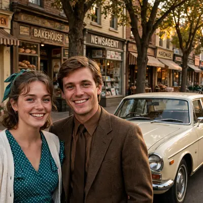 Create an ultra-realistic cinematic photograph of a couple in 1980s style attire posing in front of a classic car, film-grain retro look, warm nostalg