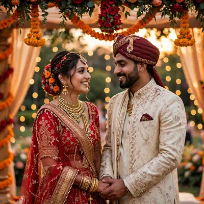 Create an ultra-realistic cinematic photograph of a bride in a traditional embroidered lehenga and groom in a sherwani standing in a flower-decorated