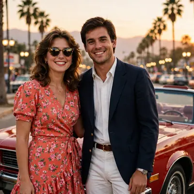Create an ultra-realistic cinematic photograph of a couple in 1980s style attire posing in front of a classic car, film-grain retro look, warm nostalg