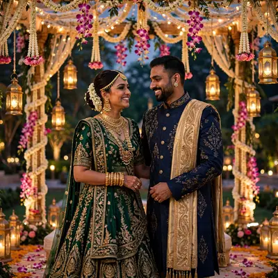 Create an ultra-realistic cinematic photograph of a bride in a traditional embroidered lehenga and groom in a sherwani standing in a flower-decorated