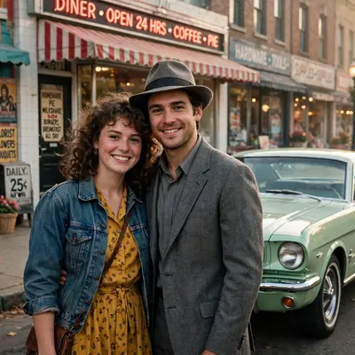 Create an ultra-realistic cinematic photograph of a couple in 1980s style attire posing in front of a classic car, film-grain retro look, warm nostalg