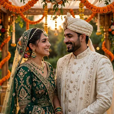 Create an ultra-realistic cinematic photograph of a bride in a traditional embroidered lehenga and groom in a sherwani standing in a flower-decorated