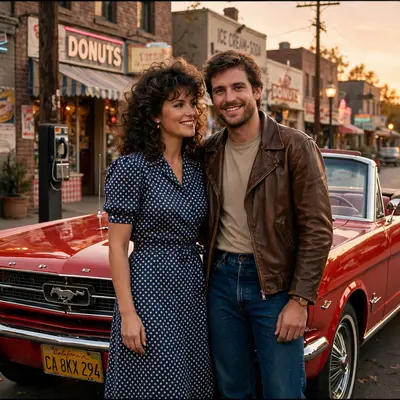 Create an ultra-realistic cinematic photograph of a couple in 1980s style attire posing in front of a classic car, film-grain retro look, warm nostalg