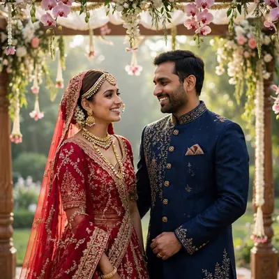Create an ultra-realistic cinematic photograph of a bride in a traditional embroidered lehenga and groom in a sherwani standing in a flower-decorated