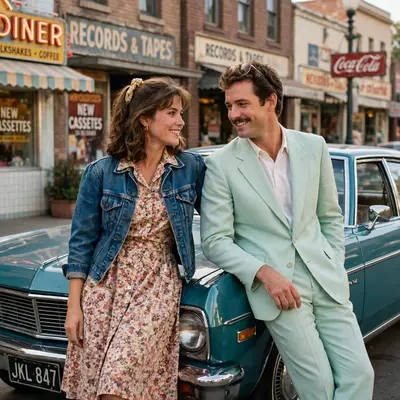 Create an ultra-realistic cinematic photograph of a couple in 1980s style attire posing in front of a classic car, film-grain retro look, warm nostalg