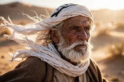 An elderly Bedouin man with deep wrinkles and a white beard, scarf whipping in desert wind, harsh sunlight sculpting every line of his face, National