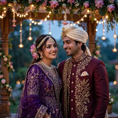 Create an ultra-realistic cinematic photograph of a bride in a traditional embroidered lehenga and groom in a sherwani standing in a flower-decorated