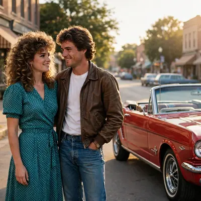 Create an ultra-realistic cinematic photograph of a couple in 1980s style attire posing in front of a classic car, film-grain retro look, warm nostalg