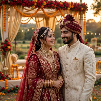 Create an ultra-realistic cinematic photograph of a bride in a traditional embroidered lehenga and groom in a sherwani standing in a flower-decorated