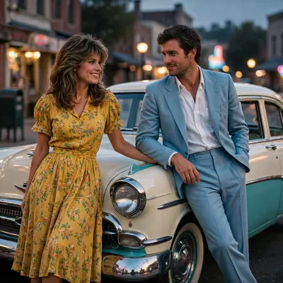 Create an ultra-realistic cinematic photograph of a couple in 1980s style attire posing in front of a classic car, film-grain retro look, warm nostalg