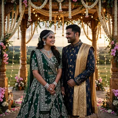 Create an ultra-realistic cinematic photograph of a bride in a traditional embroidered lehenga and groom in a sherwani standing in a flower-decorated