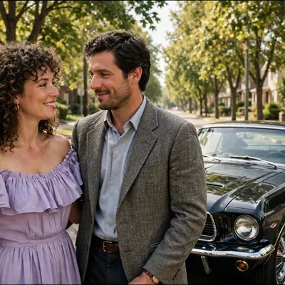 Create an ultra-realistic cinematic photograph of a couple in 1980s style attire posing in front of a classic car, film-grain retro look, warm nostalg