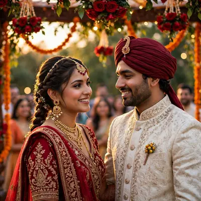 Create an ultra-realistic cinematic photograph of a bride in a traditional embroidered lehenga and groom in a sherwani standing in a flower-decorated