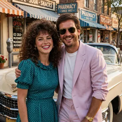 Create an ultra-realistic cinematic photograph of a couple in 1980s style attire posing in front of a classic car, film-grain retro look, warm nostalg