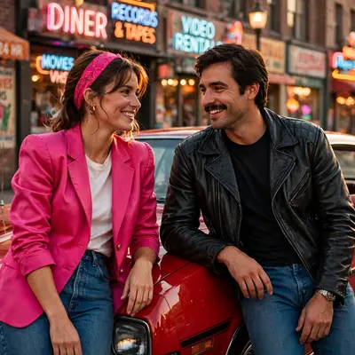 Create an ultra-realistic cinematic photograph of a couple in 1980s style attire posing in front of a classic car, film-grain retro look, warm nostalg