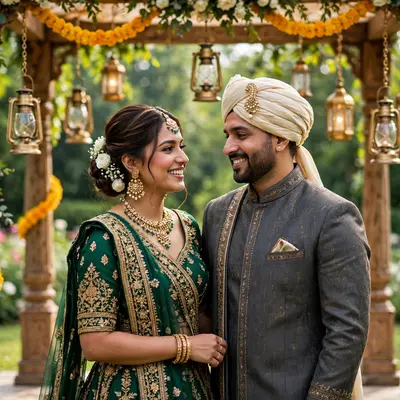Create an ultra-realistic cinematic photograph of a bride in a traditional embroidered lehenga and groom in a sherwani standing in a flower-decorated