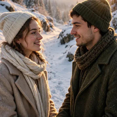Create an ultra-realistic cinematic photograph of a young couple walking hand in hand on a snow-covered mountain path at sunrise, soft golden light on