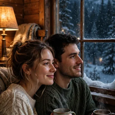 Create an ultra-realistic cinematic photograph of a young couple sitting close together by a large cabin window, snow falling outside, warm lamp light