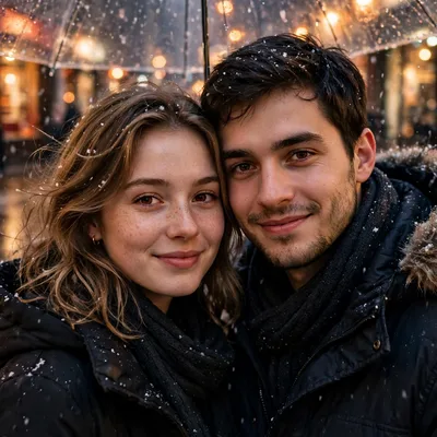 Create an ultra-realistic cinematic photograph of a young couple sharing one clear umbrella on a city street at night in light snowfall, warm shop lig