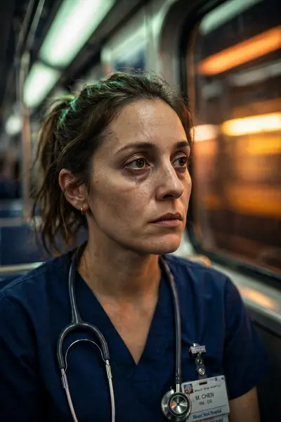 Candid portrait of a tired nurse on a night subway, fluorescent light mixing with passing tunnel glow on her face, honest skin texture, documentary