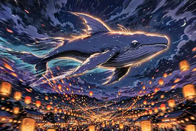 manga-inspired anime style with screentone accents illustration of a sky whale gliding above a lantern festival, posed heroically against a dramatic
