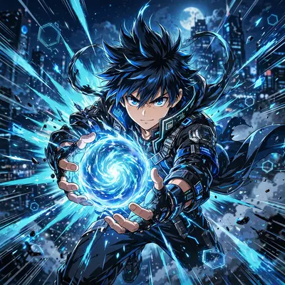 High-energy anime poster art of a battle-shonen hero charging a final attack, rendered in sleek cyber-anime hybrid style with explosive impact