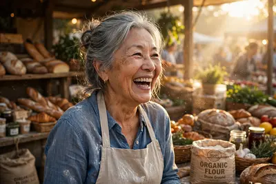 A laughing vendor in her sixties at a farmers market, morning sun catching flour dust in the air, joyful wrinkles and real skin texture, lifestyle