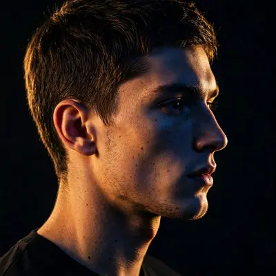 Side profile of a young man with sharp cheekbones, half his face in deep cobalt shadow, editorial portrait, flawless-but-real skin detail, studio