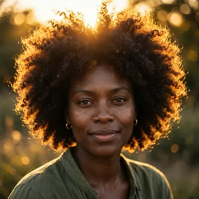 Portrait of a Black woman with a voluminous natural afro backlit by setting sun, halo of light around every curl, rich skin tones with visible