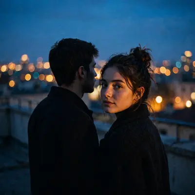 A young couple silhouetted on a rooftop at blue hour, city lights bokeh behind them, one face half-lit turning toward camera, natural skin in low
