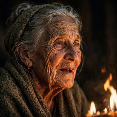 An old woman telling stories by candlelight, flames dancing across her weathered face, every wrinkle rendered, warm flickering key light, intimate