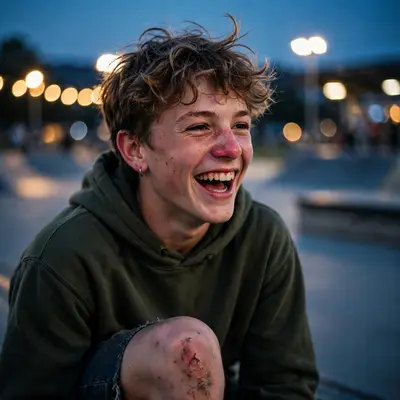 A teenage skater mid-laugh at dusk, scraped knees and sunburned nose, skate park lights buzzing on, youth portrait, real skin texture, energetic