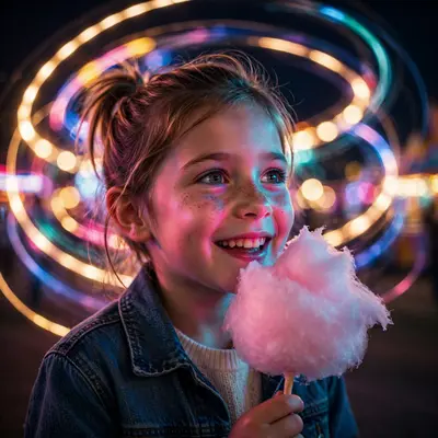 A child with cotton candy at a night carnival, spinning ride lights trailing behind her delighted face, glowing skin in colored light, 50mm f1.4