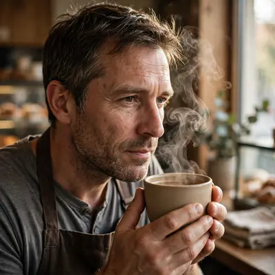 A barista in his forties cradling a ceramic cup, steam curling past his stubbled face in morning window light, honest skin texture, calm ritual mood