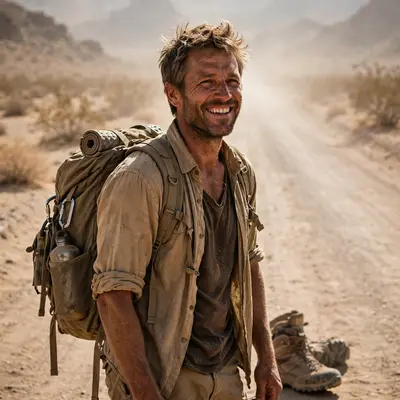A backpacker with dust-caked boots and sun-creased smile on a desert road, heat haze behind, travel portrait, real weathered skin, adventurous
