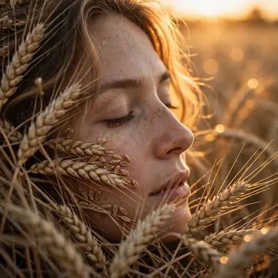 Intimate close-up of a woman's face half-buried in wheat at sunset, grains brushing her cheek, luminous skin texture, 85mm macro-leaning lens