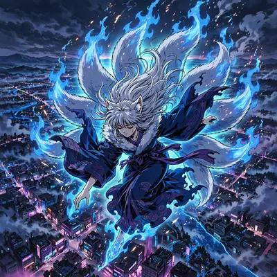 Cinematic anime still of a nine-tailed kitsune spirit wreathed in blue flame in retro 80s anime aesthetic, caught at the peak of motion. Dramatic