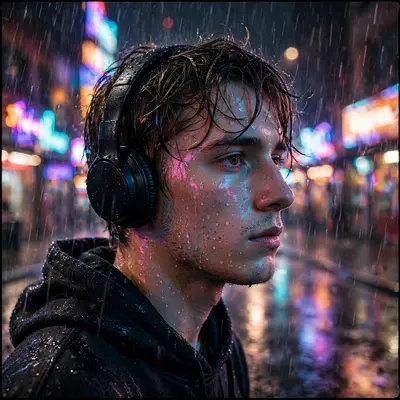 A young man with headphones walking through midnight rain, neon signs smearing across his wet face, street portrait, lonely cinematic mood