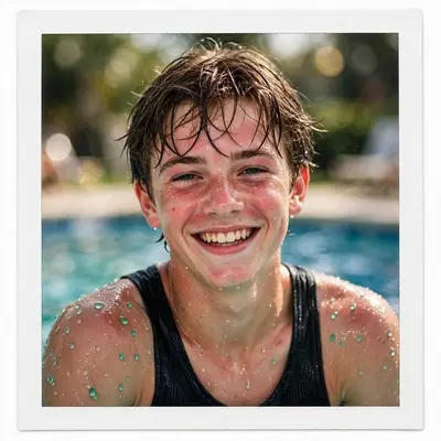 A sunburned teenager with chlorine-green pool water beading on his shoulders, grinning at camera, summer portrait, instant-film white border