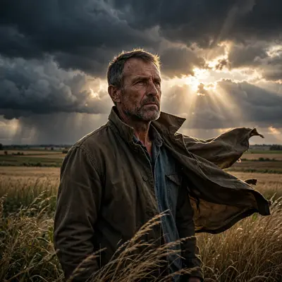 A farmer standing in a field as storm light breaks through black clouds behind him, wind in his jacket, weathered skin, dramatic resilience mood