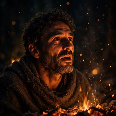A man telling stories beside a campfire, embers lighting his face from below, sparks rising into dark, warm skin tones, 50mm f1.4, primal intimacy