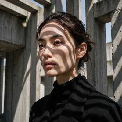 A model in brutalist concrete architecture, harsh shadows striping her face through slats, fashion portrait, detailed skin, stark urban elegance