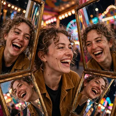 A woman caught between carnival mirrors, her face fragmenting into laughing reflections, playful distortion mood, colored carnival light, shot on