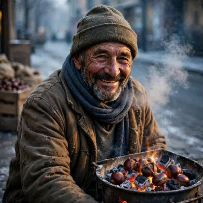 A chestnut vendor in winter, breath fogging in cold air, brazier glow warming his smiling face, weathered skin, cozy resilience mood, mixed warm and