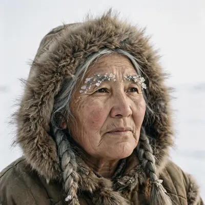 An Inuit elder in furs under pale arctic sun, ice crystals in her eyebrows, endless white behind, extraordinary skin detail, serene endurance mood
