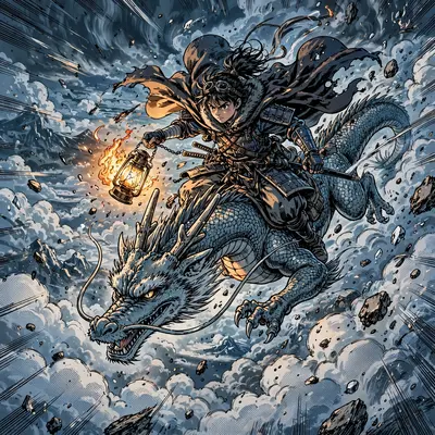 a dragon rider soaring above the clouds rendered in manga-inspired anime style with screentone accents, frozen mid-action with bold motion lines and
