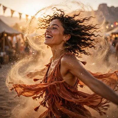 A dancer mid-spin at a desert music festival, dust and glitter swirling around her ecstatic face, sunlit skin texture, euphoric freedom mood, golden